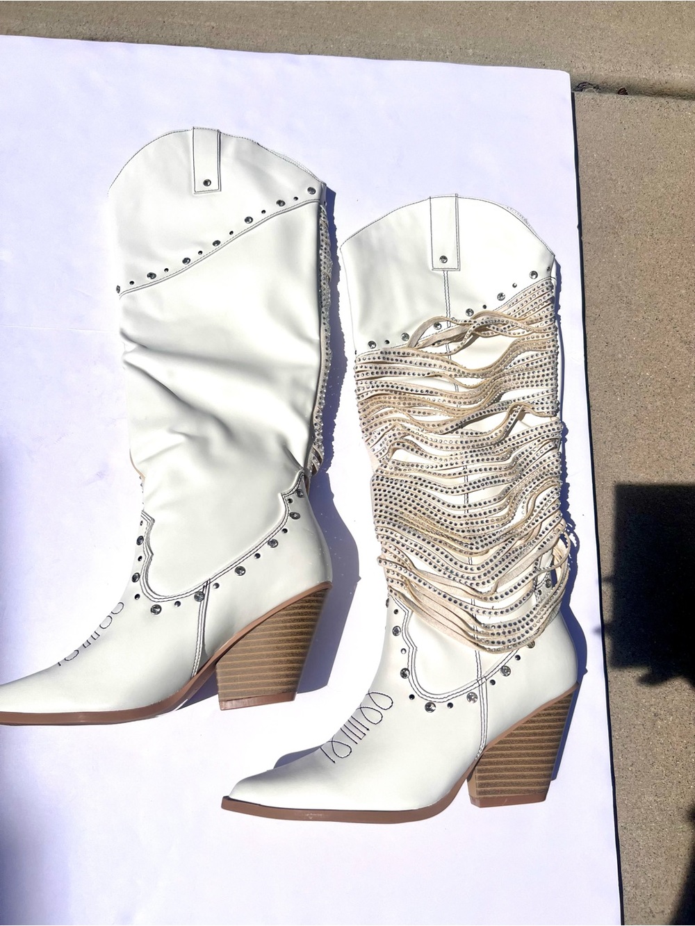 Rhinestone Fringe White Knee-High Western Cowgirl Boots - Embellished & Studded